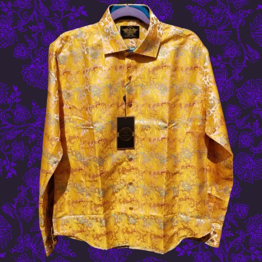 SHINY Yellow PAISLEY PRINT - MENS LONG SLEEVE SHIRT